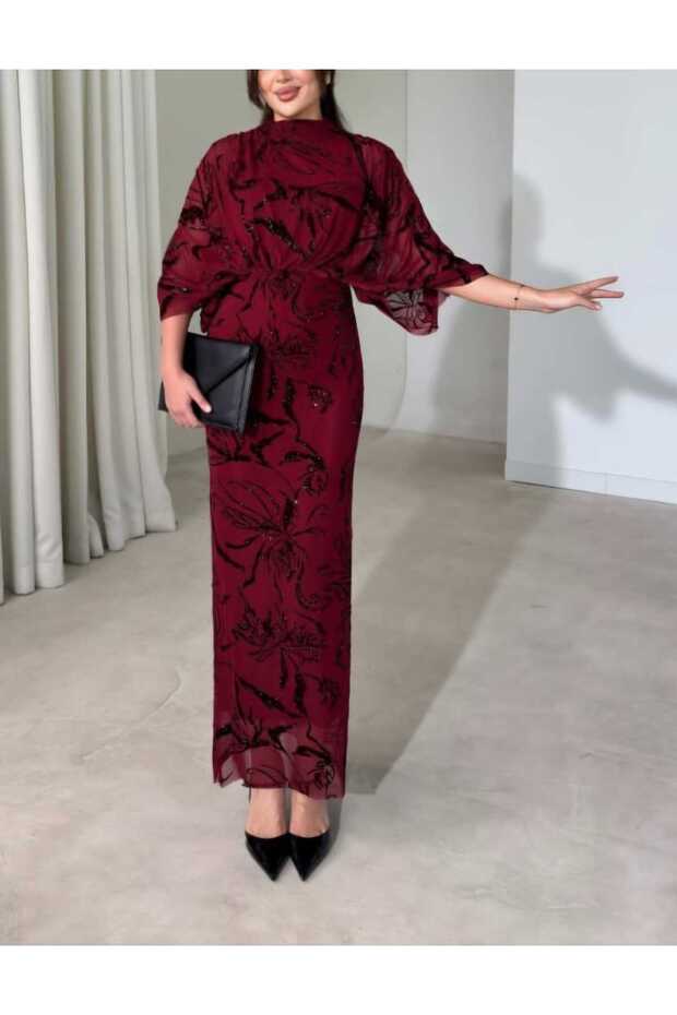 Shoulder-To-Shoulder Draped Glitter Flock Printed Maxi Dress