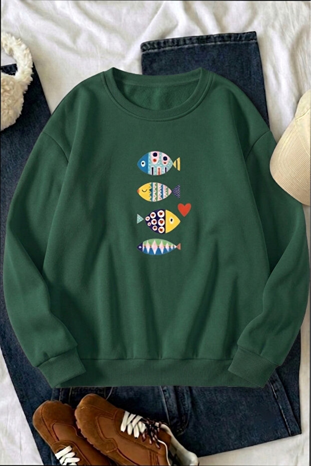 Unisex Fish Printed Crew Neck Sweatshirt