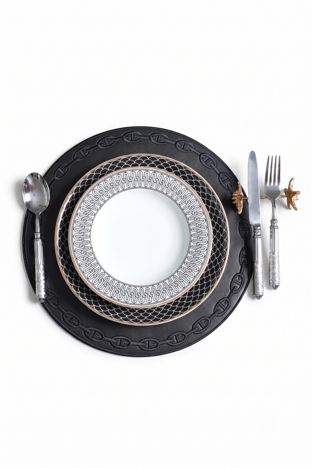 Embroidered Leather American Service Set of 2 Double-Sided Round Placemats 38X38 cm Raya Black