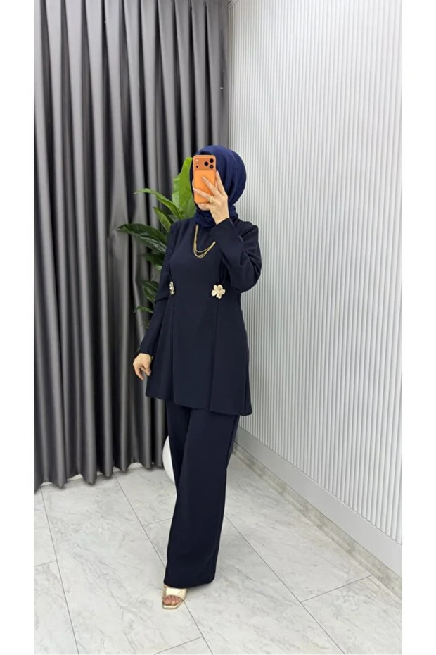 Women's Hijab Navy Blue Tunic Pants Double Suit