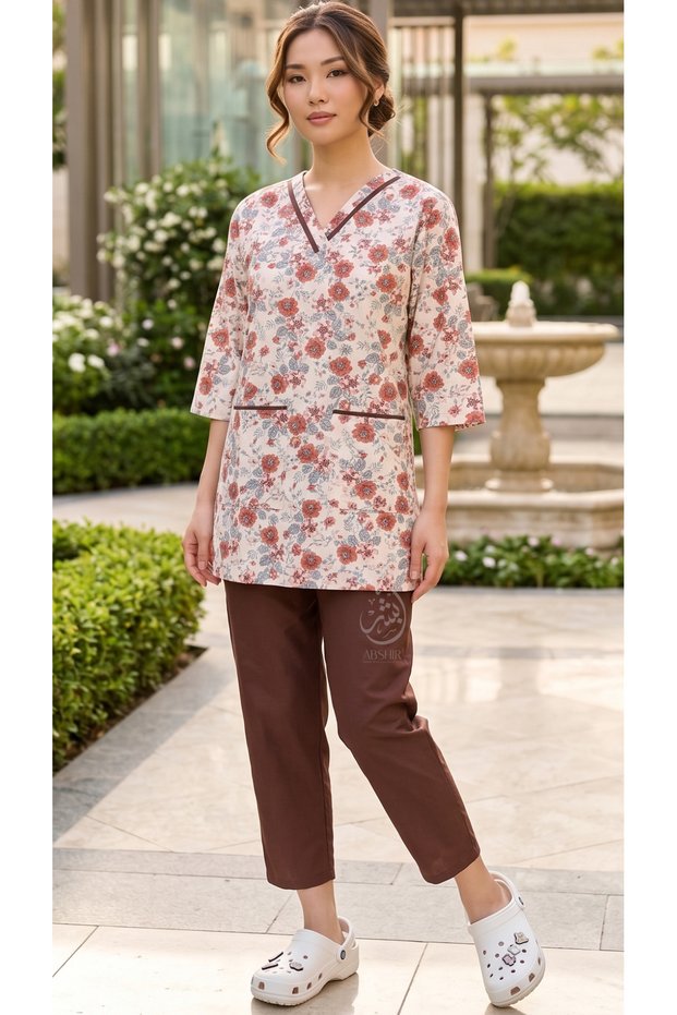 Housemaid/Nanny/Babysitter/Set with Print Top and Trousers, V-Neck 3/4 Sleeve , COTTON