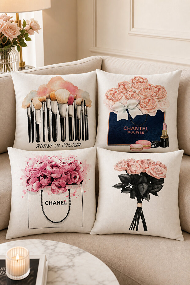Pink Flower and Makeup Themed Decorative Throw Pillow Cover Stylish Modern Design (Double Sided)
