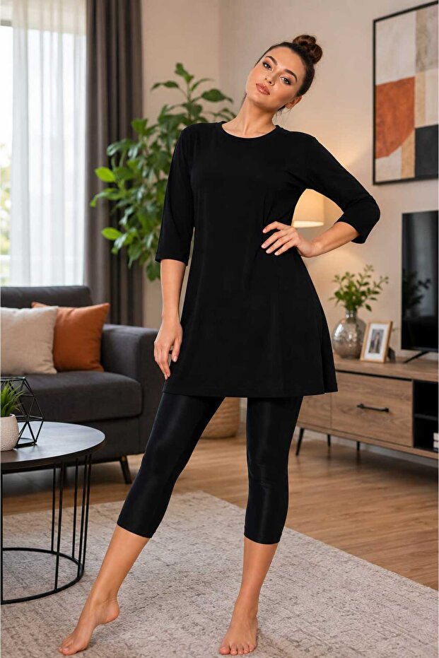 Women's Black Capri Sleeve Cotton Crew Neck Combed Tunic Ysn-1
