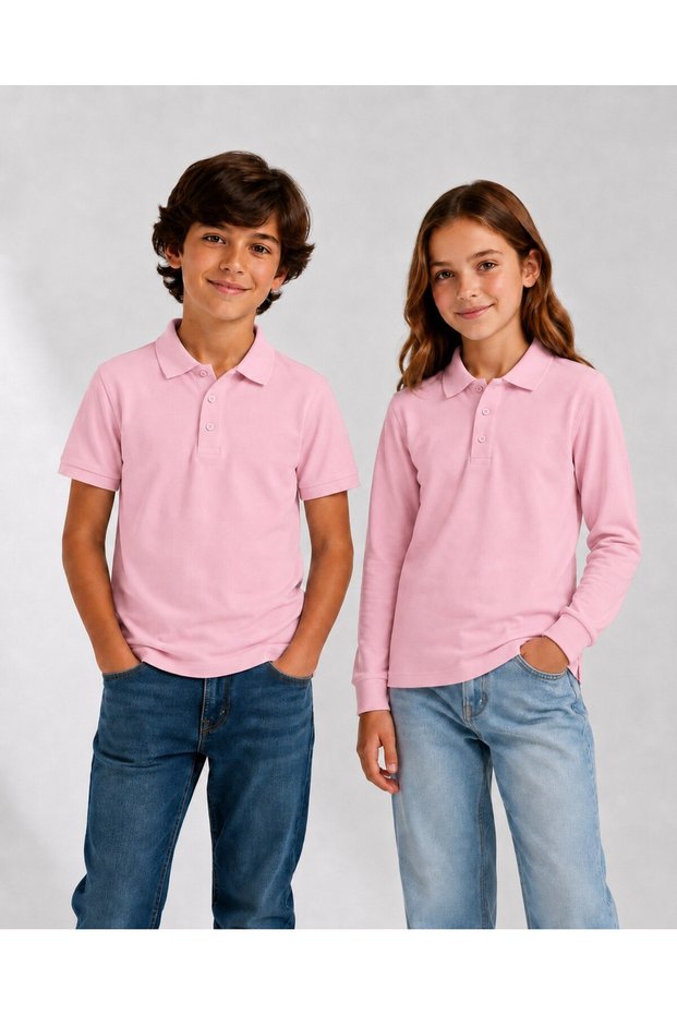 Girls & Boys Unisex Pink 100% Cotton Polo Collar Long and Short Sleeve 2-Piece T-Shirt Set