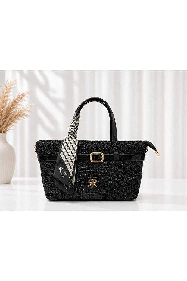 Stylish Straw Handbag with Leather Detailing and Patterned Scarf