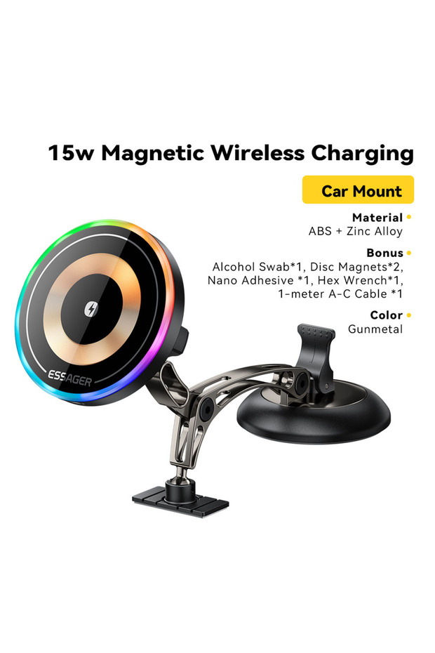ESSAGER Charging Style Essager 15W Magnetic Wireless Charger Car Phone Holder 360° Rotation Stand Ca