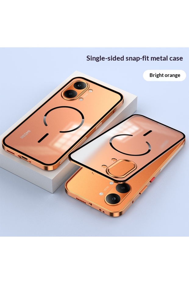 Poco X8 Pro Max Orange Aluminium Alloy Metal Frame Bumper + Acrylic Wireless Charging Case For POCO