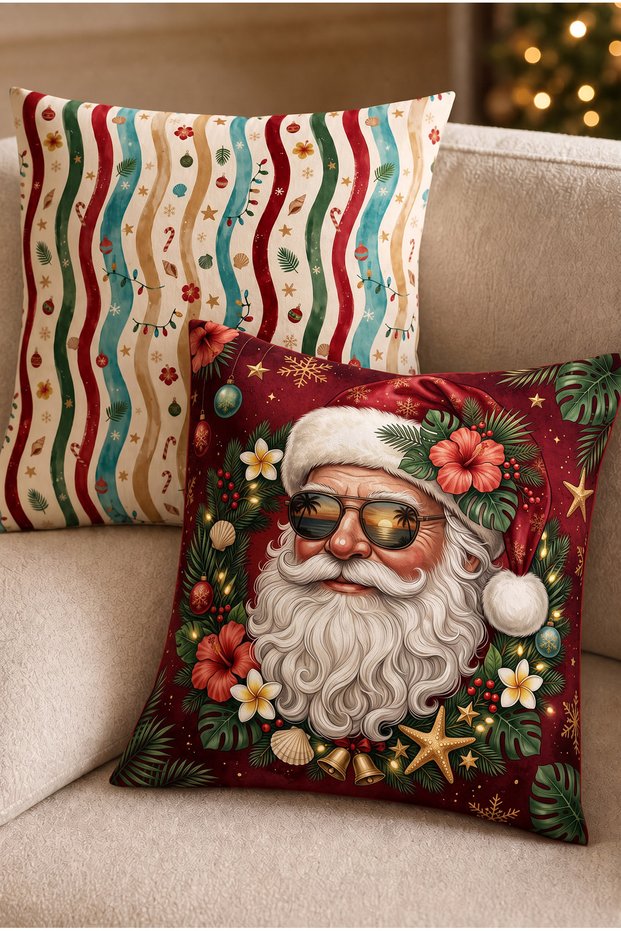 Tropical Santa Claus Pattern Set of 2 Decorative Throw Pillow Covers, Christmas and Summer Themed Retro Living Room Decor