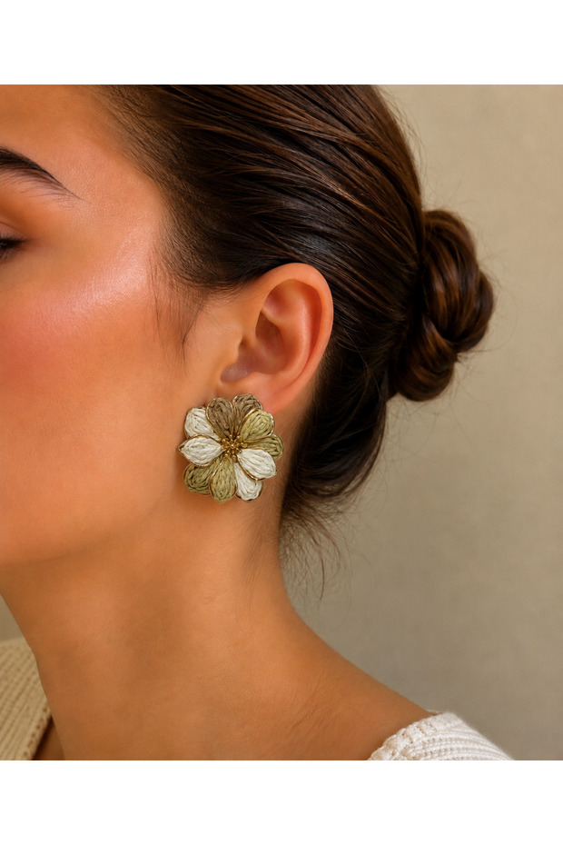 Ecru - Brown Wicker Textured Gold Flower Earrings
