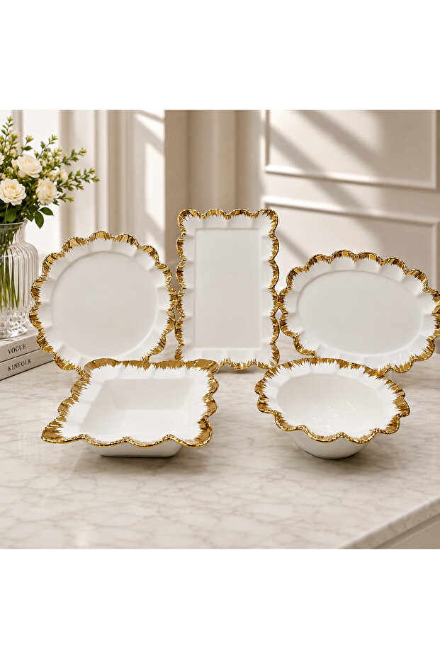 5-Piece Porcelain Presentation and Serving Set – Gold Gilded Wavy Edge Serving Plate, Snack Plate, and Serving Dish