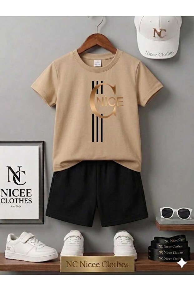 Summer Children's T-Shirt Shorts Unisex (Vertical Three-Line Nice Clothes Printed)