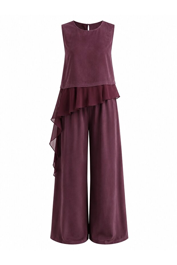 Plum Garnished Blouse and Pants Set - 51391
