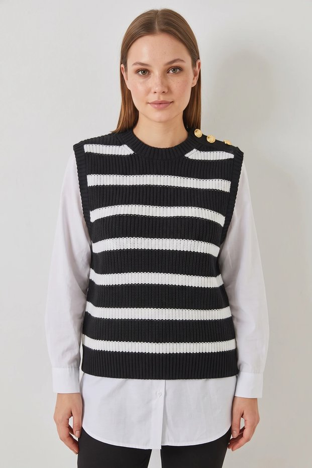 Women's Shirt Sleeve Detailed Knitwear Sweater Black White