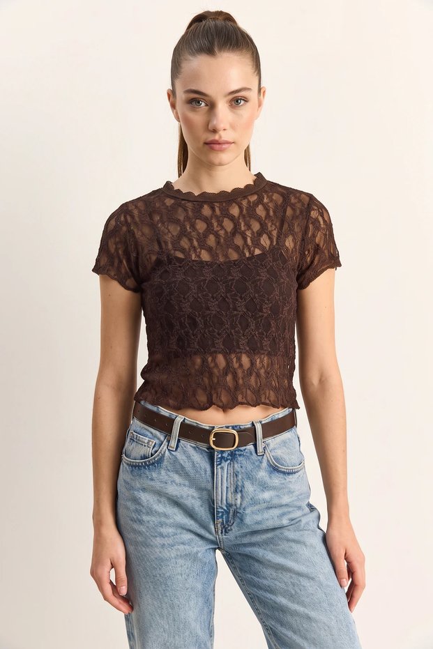 Women's Crew Neck Short Sleeve Transparent Lace Bitter Coffee Blouse