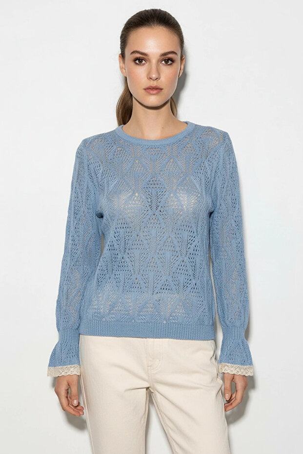 Women's Openwork Crew Neck Flounce Sleeves Lightweight Flowy Knitwear Baby Blue Sweater