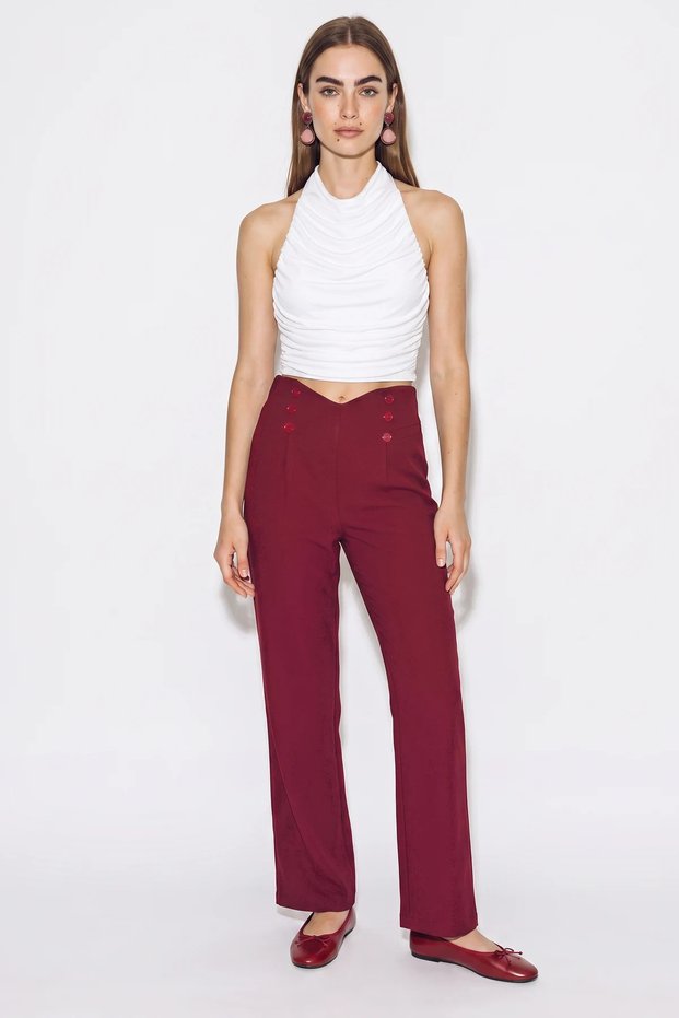 Women's Button Detailed High Waist Straight Leg Fabric Burgundy Trousers
