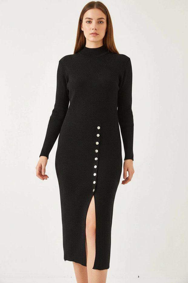 Women's Ribbed Buttoned Knitwear Black Dress