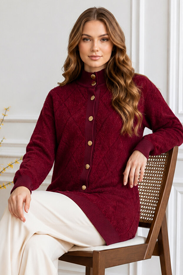Patterned Beard Cardigan N3324 Claret Red