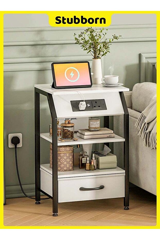 Nightstands with Power Strip, Bedside Table with Drawer, Sofa Side Table with Storage