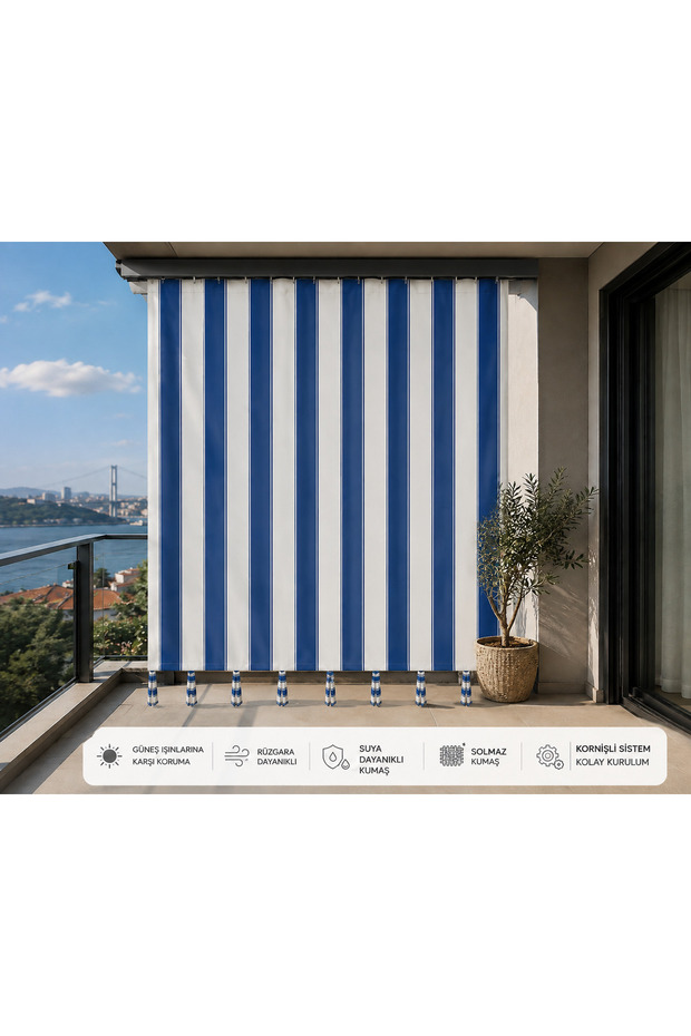 Blue and White Cornice Outdoor Sunshade Wind-Resistant Balcony Curtain with Bottom and Side Ties