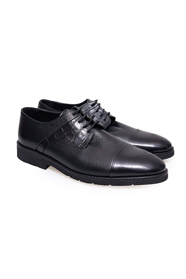 Black Color Lace-Up Genuine Leather Men's Shoes