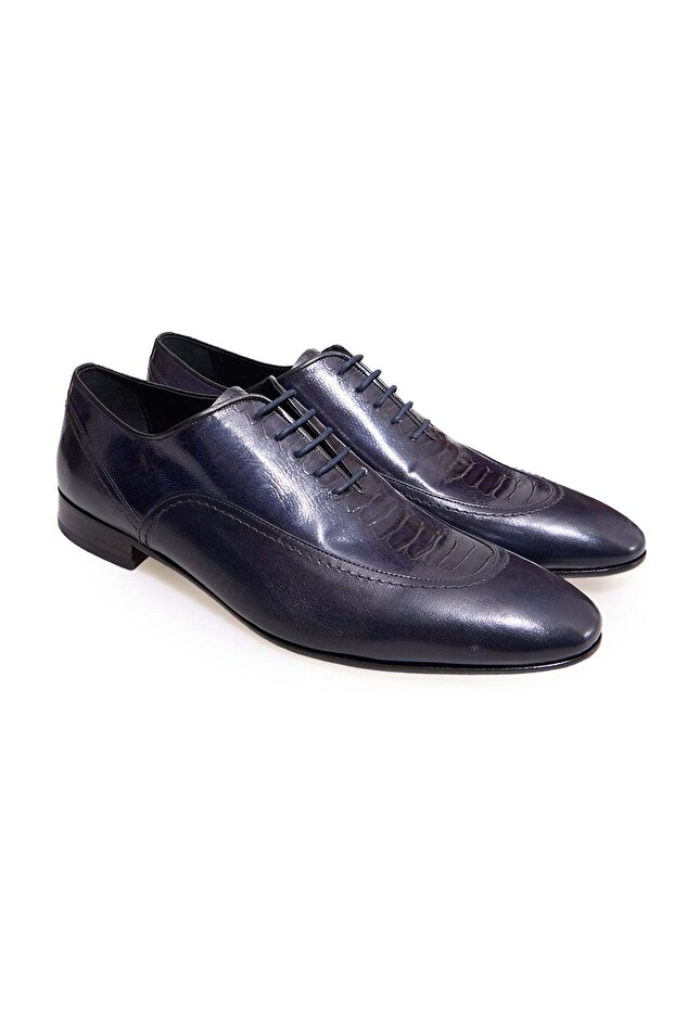 Dark Blue Color Lace-Up Genuine Leather Men's Shoes