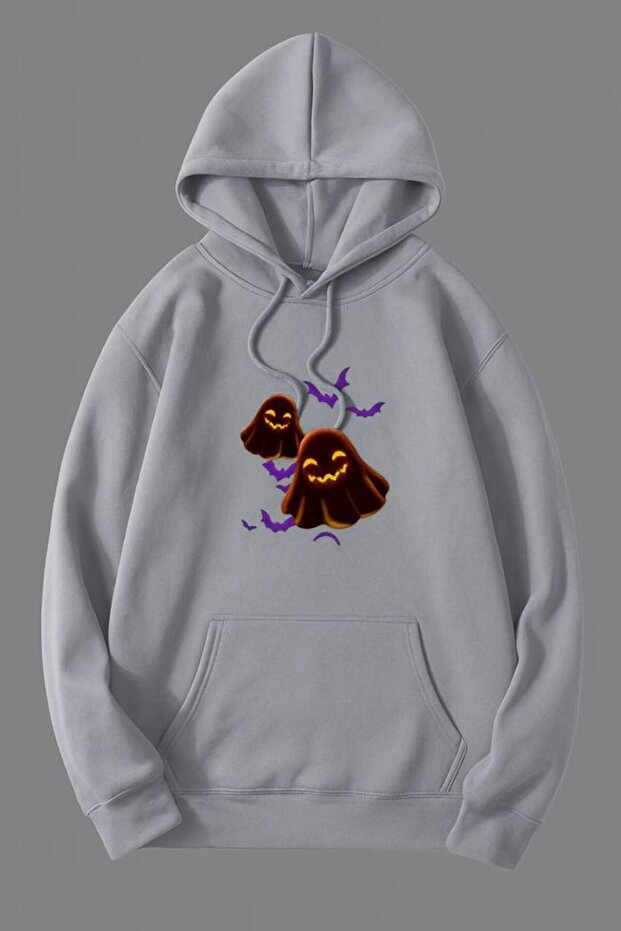 Unisex Oversize 3 Thread Yarn Kangaroo Pocket "Ghost and Bat" Printed Hooded Sweatshirt