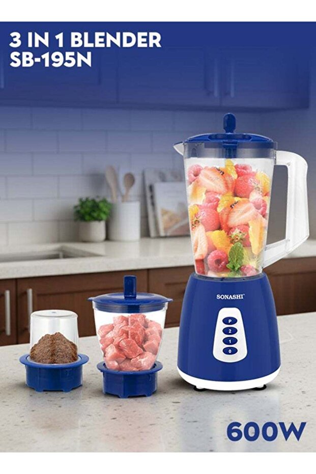 3-in-1 Blender / Grinder & Mincer, 600W, 1.5L Unbreakable Jar, 6 Pcs Stainless Steel Blades, 2-Speed & Pulse Setting, Overheat Protection, SB-195 Blue