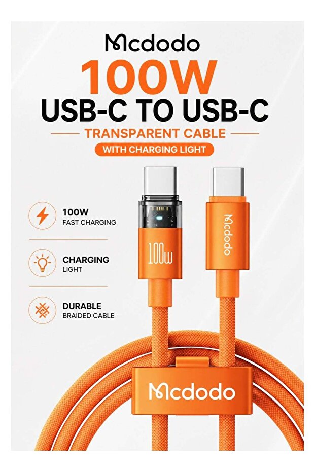 100W USB-C to USB-C Fast Charging Cable, 1.2M, Transparent Orange, LED Light