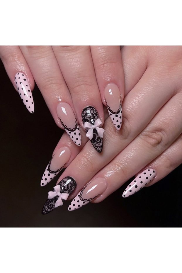 Style 9 24Pcs Y2K Style False Nails Press On Nails Gothic Black-Bow Almond Cat Eye Wearable Full Cov