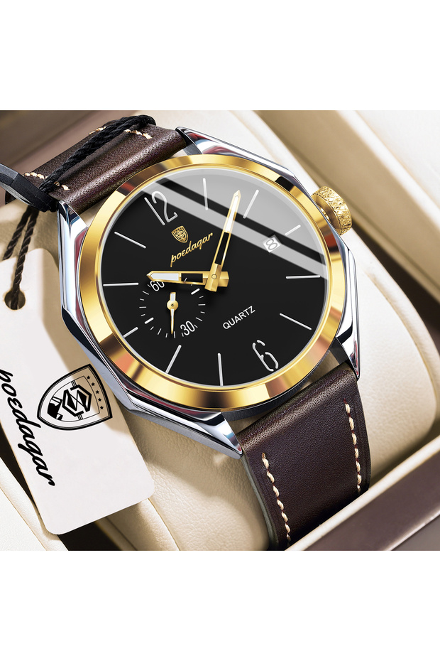 689 Gold Black POEDAGAR Fashion Casual Man Clock Business Leather Date Quartz Men Watch Waterproof L