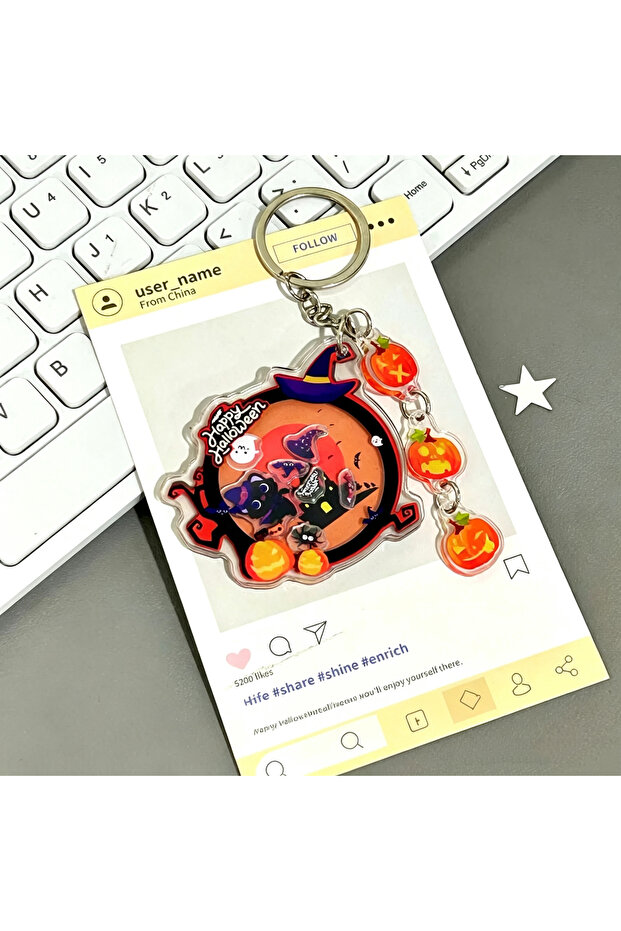 1pcs Happy Halloween Acrylic Shaker Keychain Cute Black Cat Witch Pumpkin Ghost Shake Keyring Kawaii