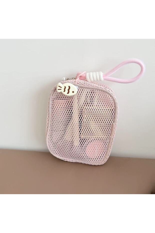 No accessories Pink Cubic Mesh Cosmetic Bag, Dopamine Aesthetic Makeup Pouch with Pearl Zipper, Larg