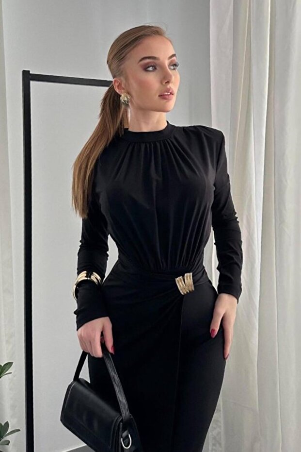 Black Shirred Dress with Front Closure Detail