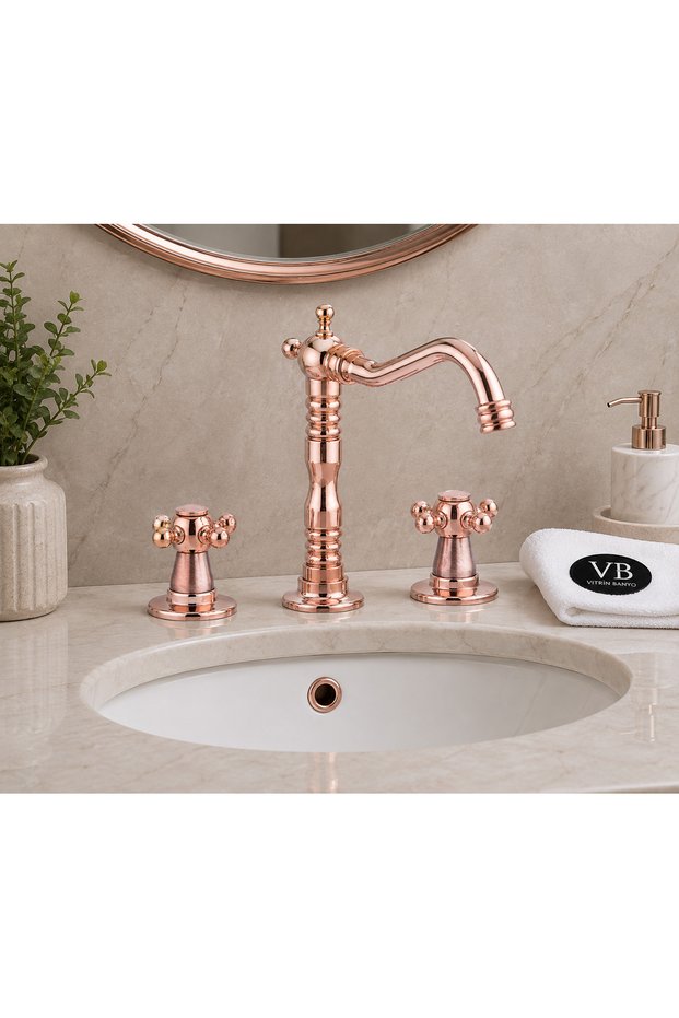 Koç 3 Hole Lavabo Batarya Rose– Retro Classic Design Double Handle Decorative Sink Faucet