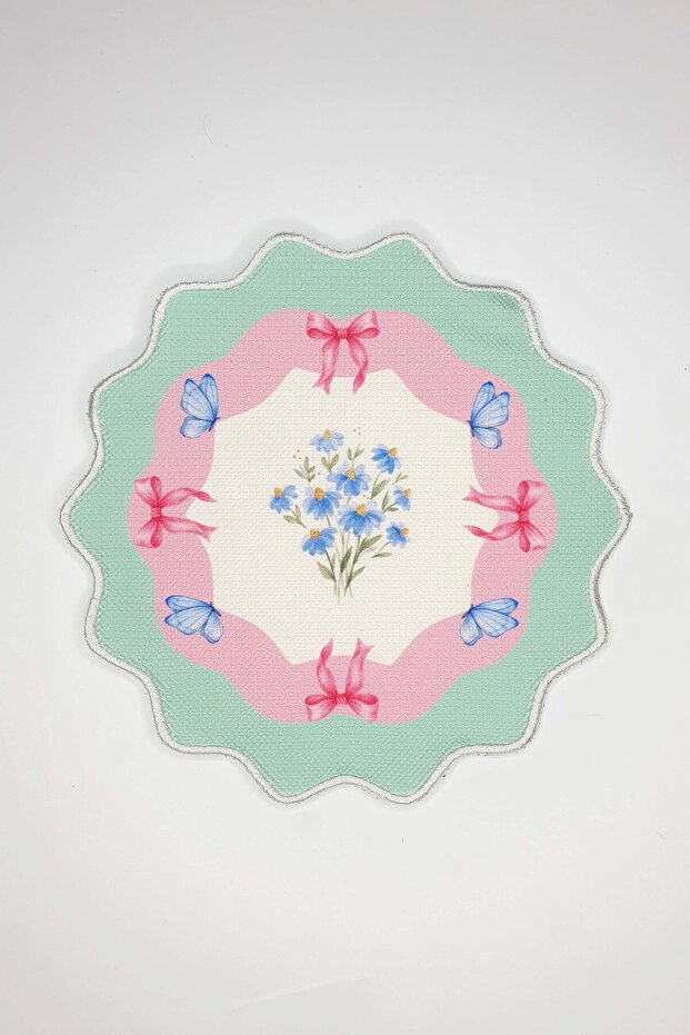 Mint Green Pink Butterfly and Bow Embroidered Cocktail Napkin 1 Piece