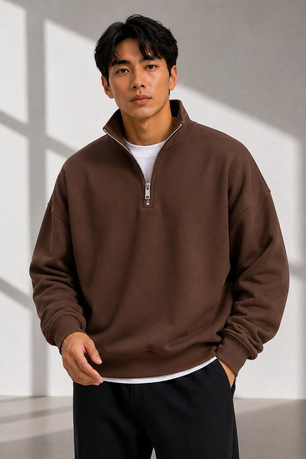 Unisex Half-Zipper Stand Collar 100% Cotton Soft Textured Sweatshirt Plain Pullover