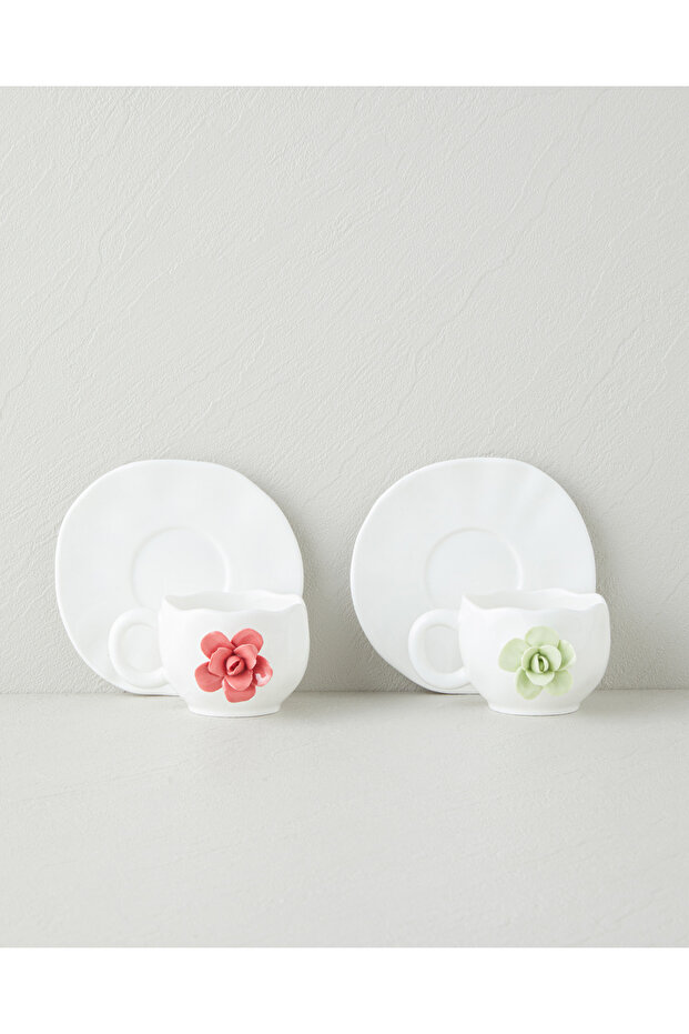 Rosea New Bone China 4 Piece 2 Person Coffee Cup Set 100 ml Pink - Mint