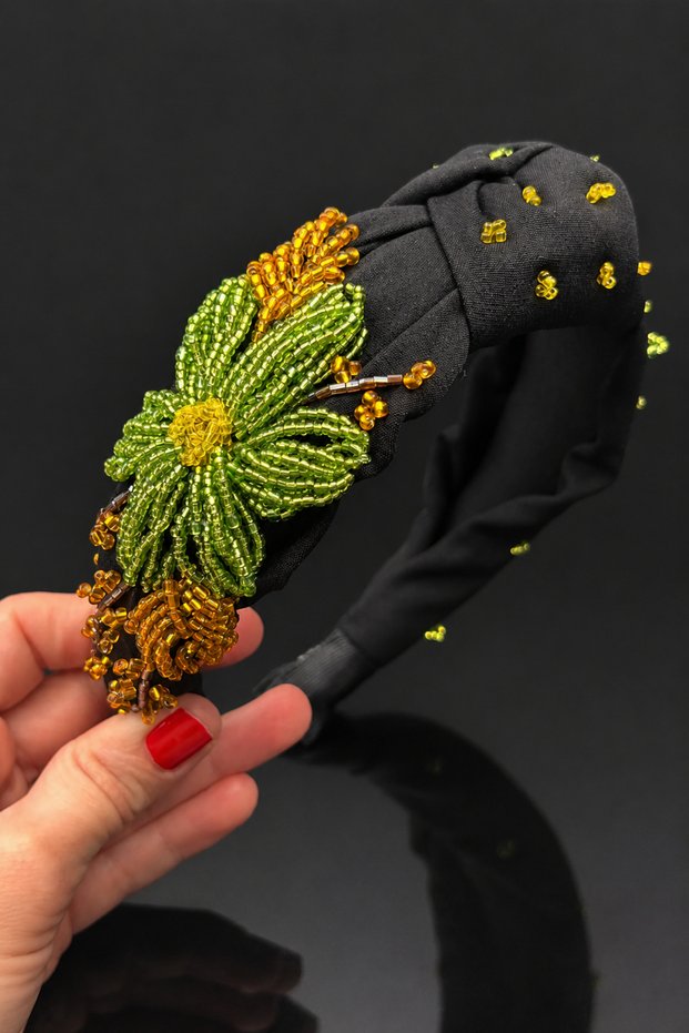 Bym Black Fabric Pistachio Green Flower Bead Embroidered Women's Hair Crown Henna Engagement Accessory