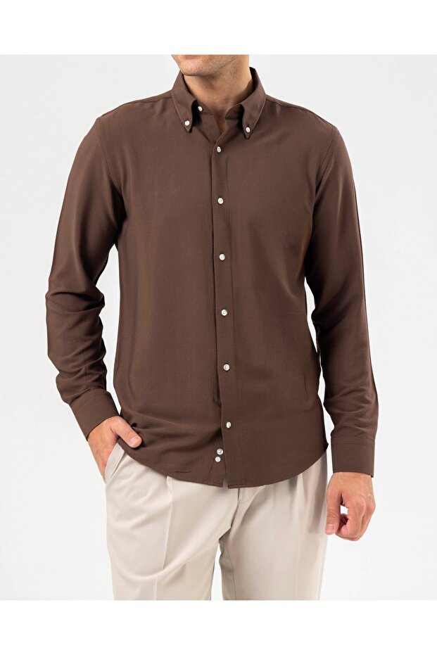 Slim Fit Safari Button-Down Collar Striped Linen Men's Shirt Brown T20159-03