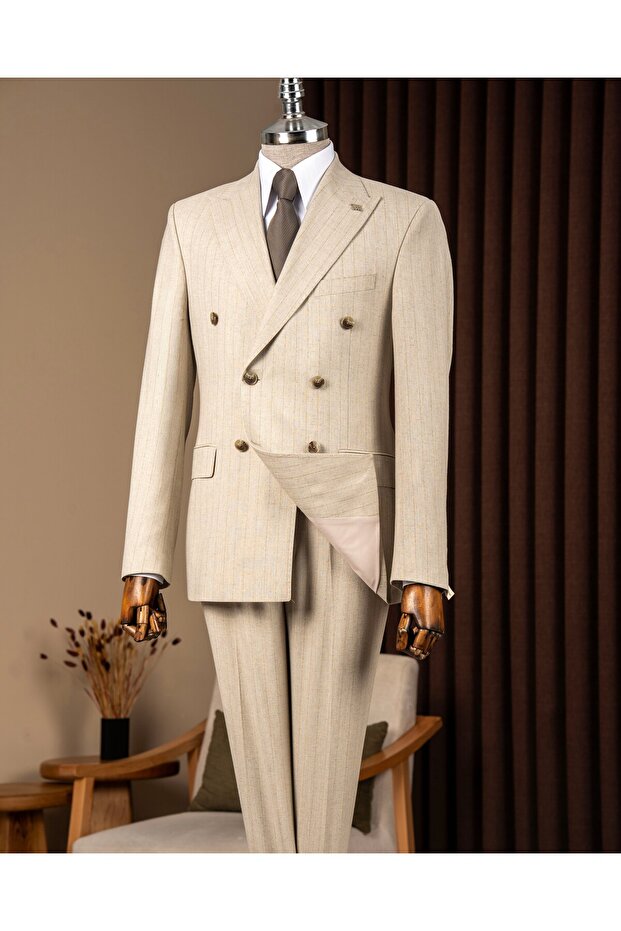 Slim Fit Double-Breasted Pointed Collar Linen Blend Striped Men's Suit Beige T20137-09