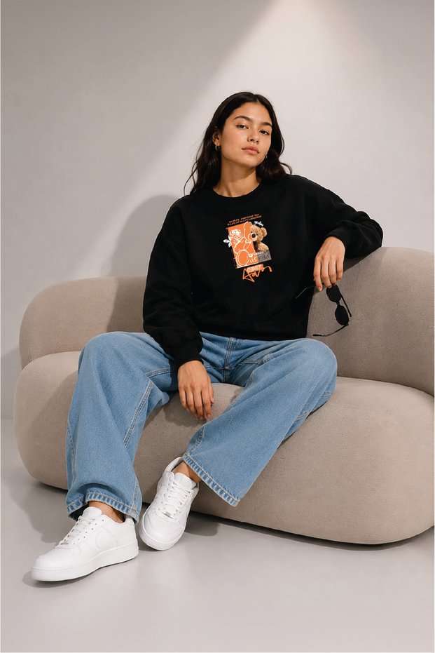 Women's Orange Bear Floral Printed Comfortable Fit Crew Neck Black Sweatshirt