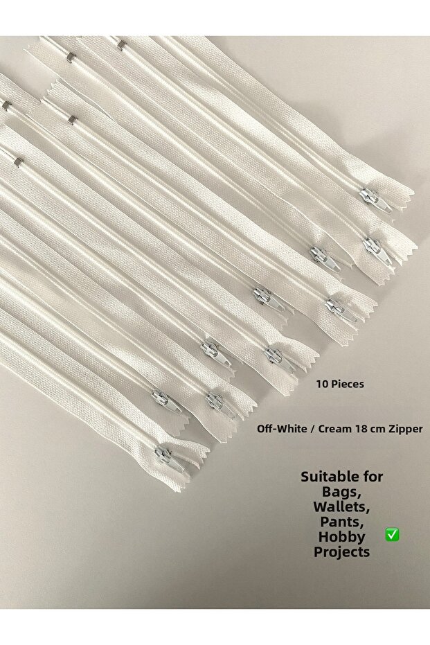 10 Pieces of Ecru, Off-White Color Bags, Wallets, 18 cm Quality Zipper Set for Hobby Projects
