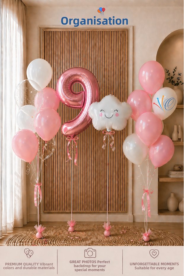 9 Year Old Birthday Balloon Set | Pink Girl Concept | Folyo Rakam Bulut | Birthday Special Day Decoration