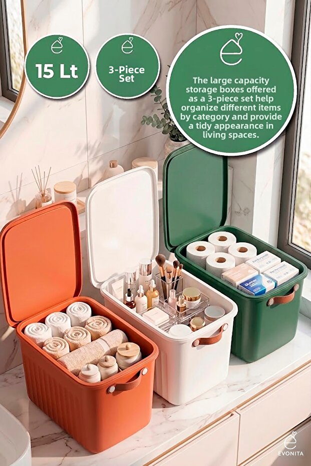 Decorative Storage Box 3-Piece Organizer with Lid Bathroom Kitchen Organizer Multi-Purpose Box