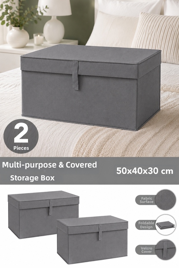 Set of 2 Maxi Size Storage Boxes - Multi-Purpose Organizer Storage Box with Lid 50X40X30Cm Anthracite