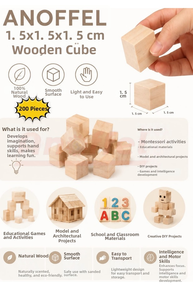 Wooden Natural Cube Blocks 1.5X1.5X1.5 cm 200 Pieces