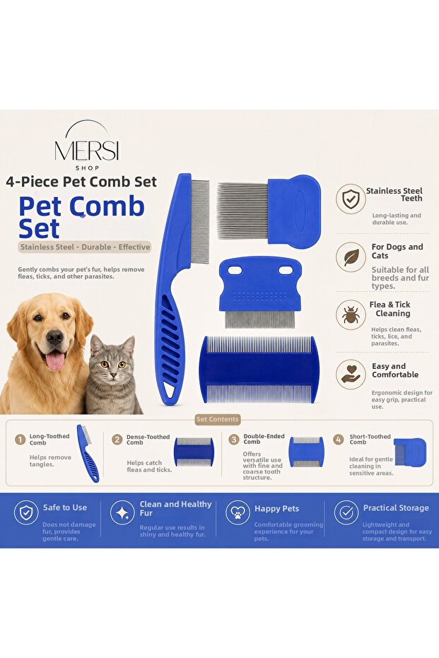 4-Piece Pet Lice Flea Comb Set Stainless Steel Cat Dog Combs