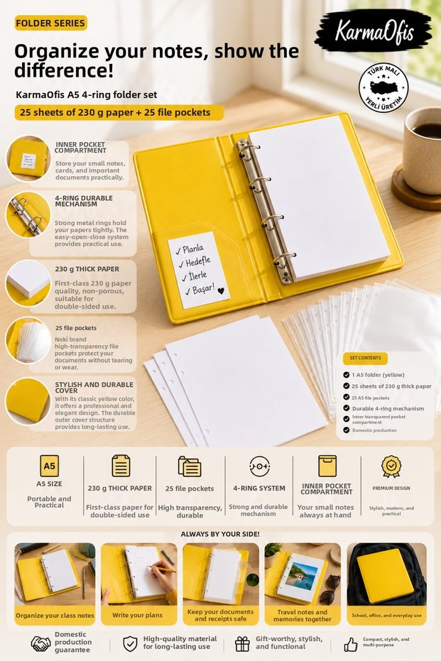 A5 Yellow 4-Ring Folder Set | 25 Pieces of 230 Gr Thick Paper + 25 Pieces of A5 File Bags + Organizer with Inner Pockets