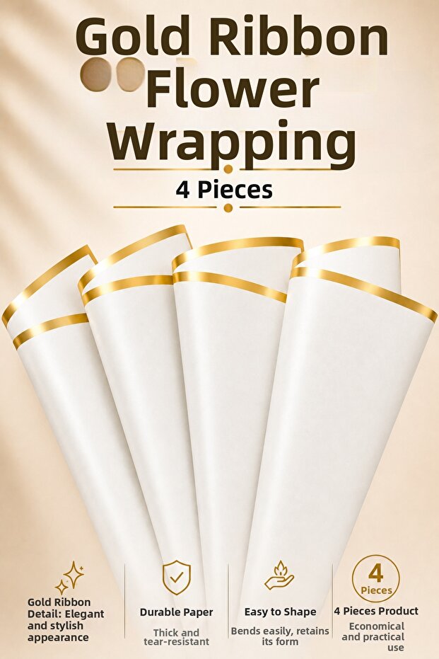 White Flower Packaging with Gold Stripe 57X57 cm Bouquet Wrapping Paper Premium Appearance Set